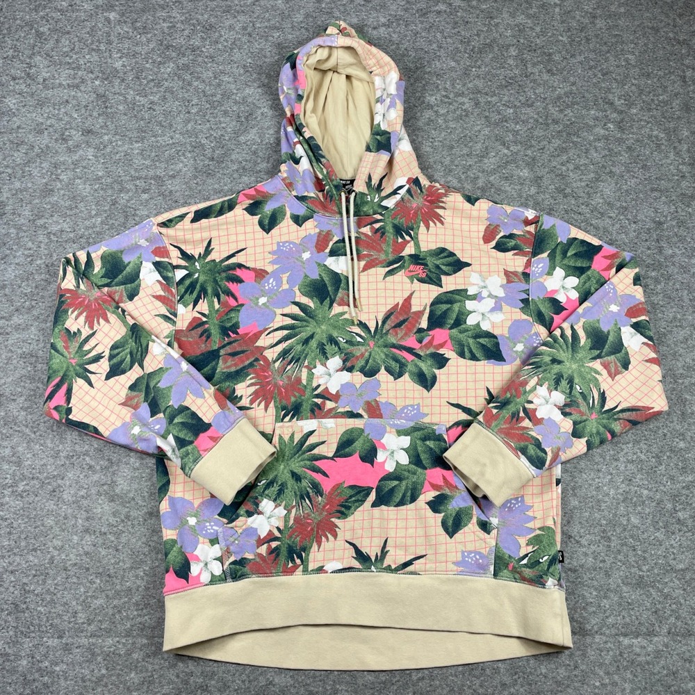 Nike SB Hoodie Mens Medium Tan Floral Tropical Grid Pullover CI6454-238